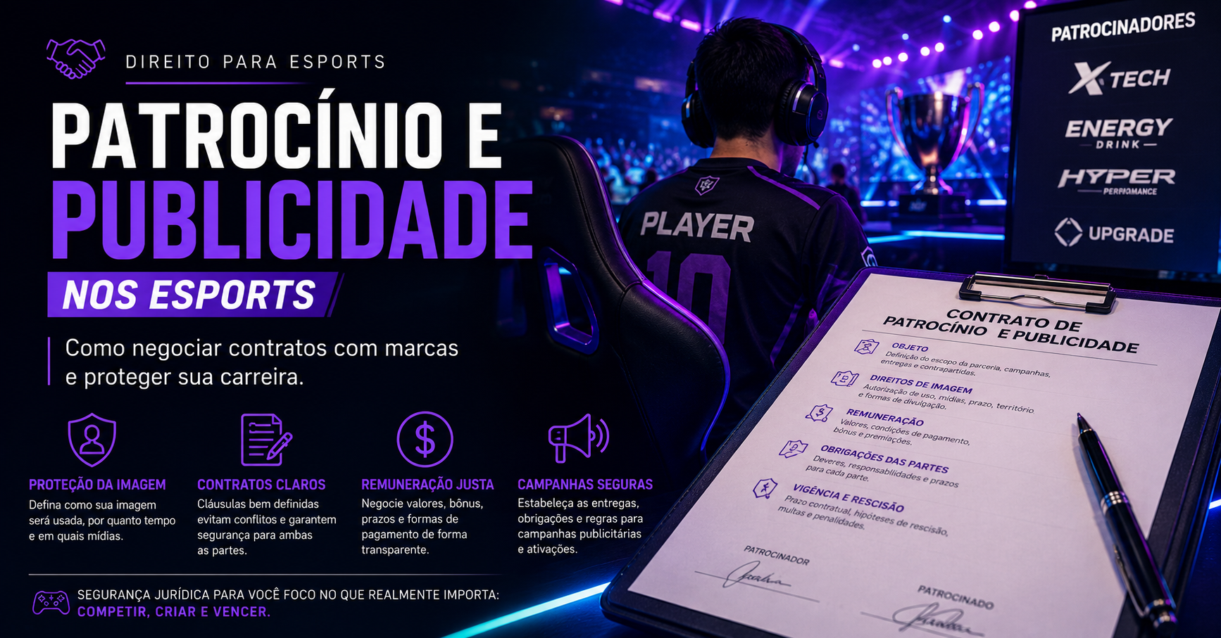 Capa: Patrocínio e Publicidade nos eSports: Como Negociar Contratos com Marcas e Proteger sua Carreira
