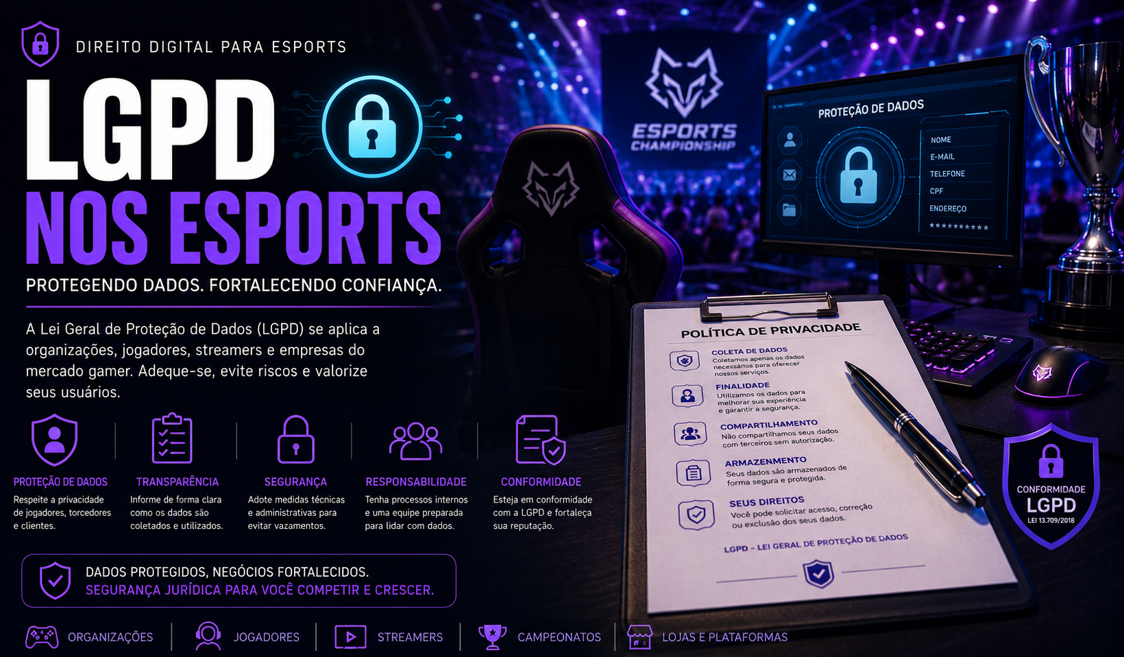 Capa: LGPD nos eSports: Como Proteger Dados de Jogadores, Torcedores e Empresas do Mercado Gamer