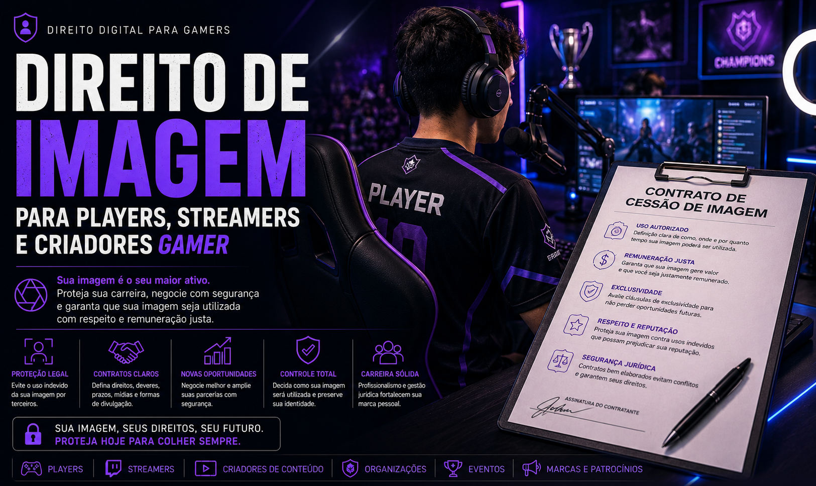 Capa: Direito de Imagem para Players, Streamers e Criadores Gamer: Como Proteger sua Carreira no Mercado Digital